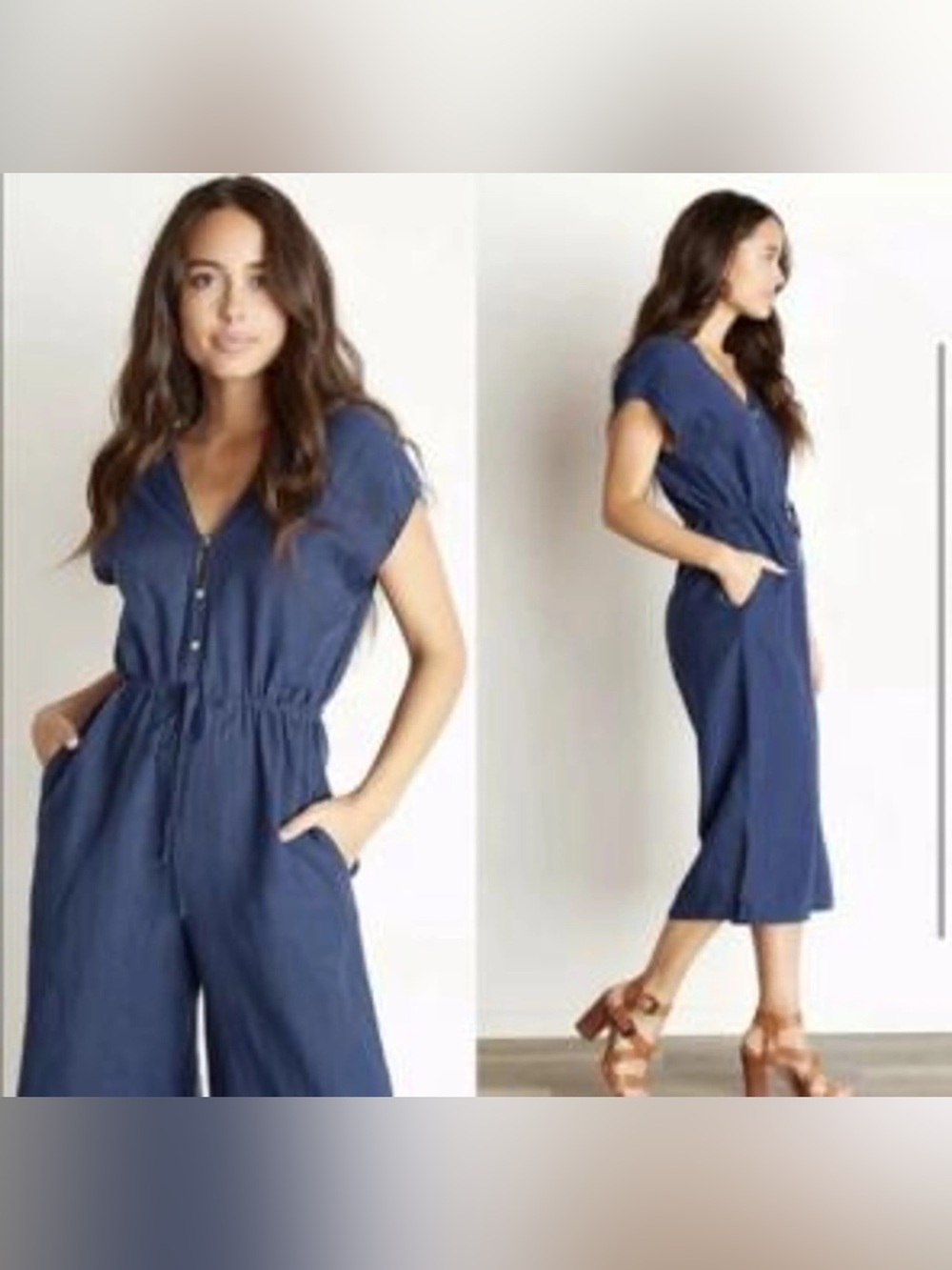 cloth & stone Navy Short-Sleeve Button-Front wide leg linen Jumpsuit large